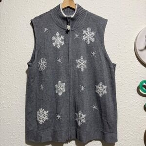 Vtg Cracker Factory Womens 2X beaded Snowflake Zip Vest Gray Holiday Sweater